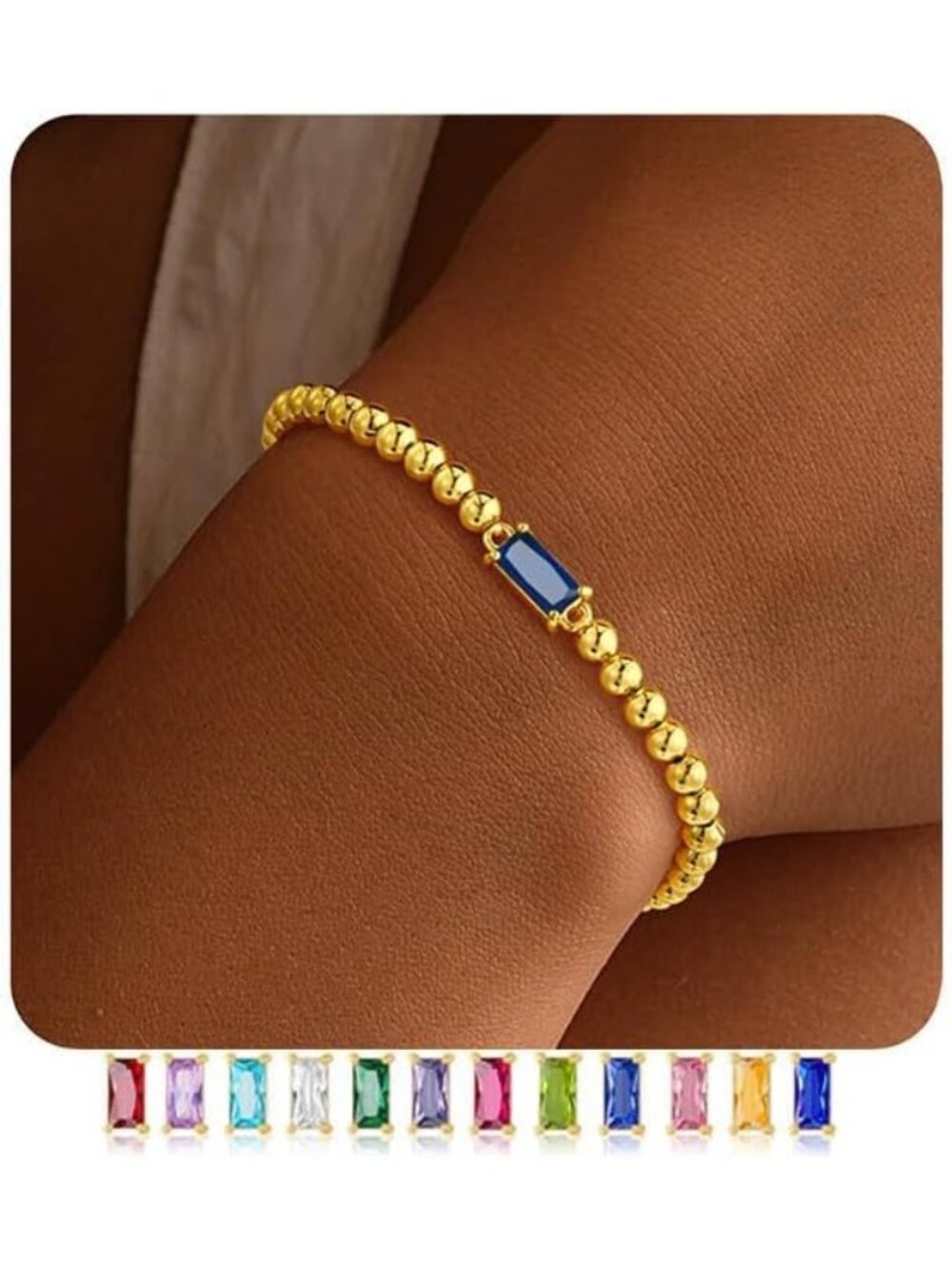 Women's Blue Birthstone Bracelet 14K Gold Plated Beaded Elastic Dainty Jewelry